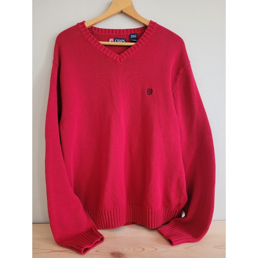 Chaps Old Money Sweater Mens XL Red Heavy‎ Knitted Retro V-Neck Sweater
